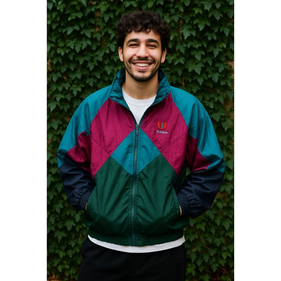 Vintage 80s Wilson Colorblock Windbreaker Jacket Teal Magenta Green XXL Nylon - Picture 1 of 11